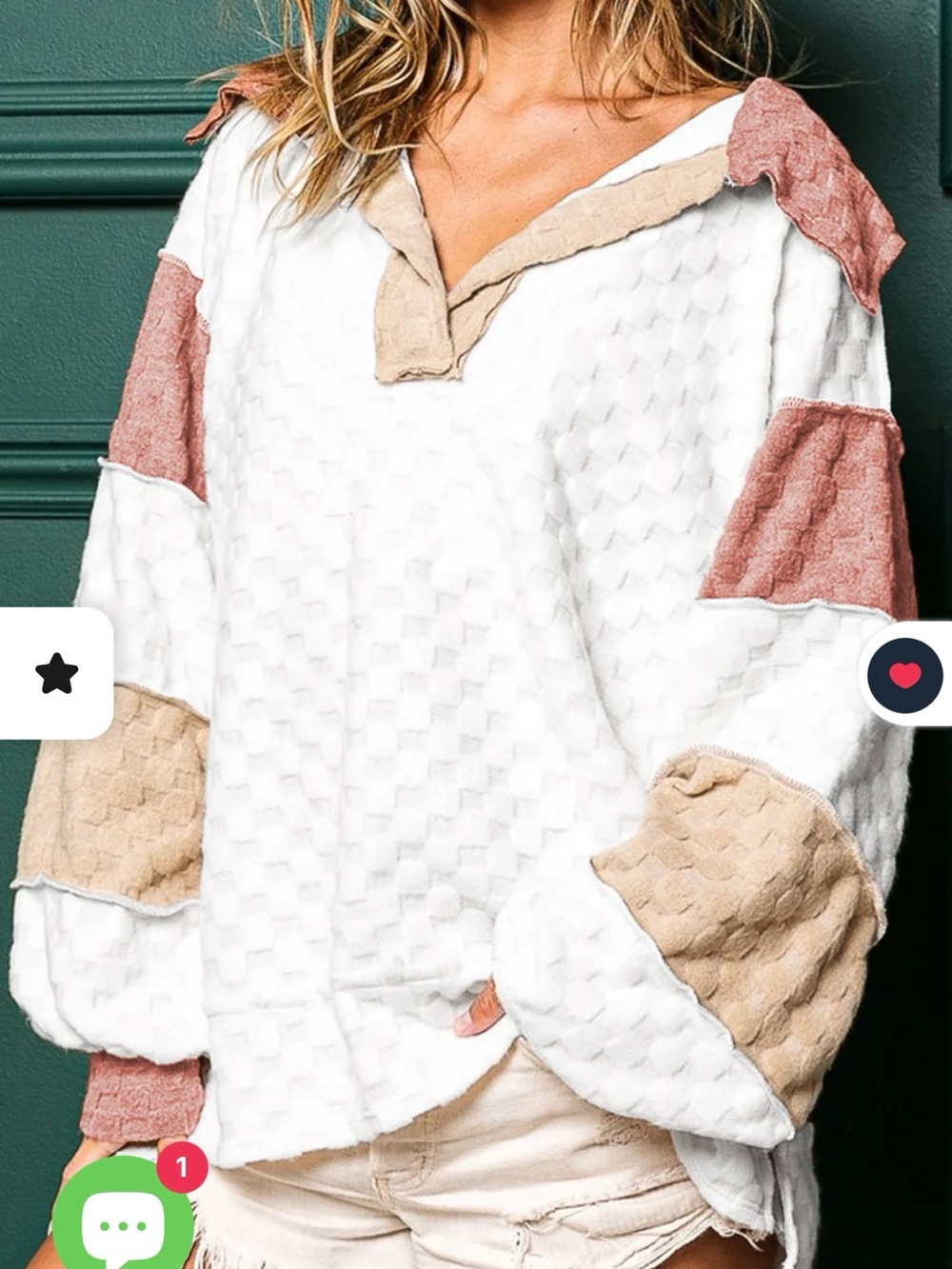 BiBi White Textured Colorblock V-Neck Sweatshirt with Dusty Rose & Beige Accents